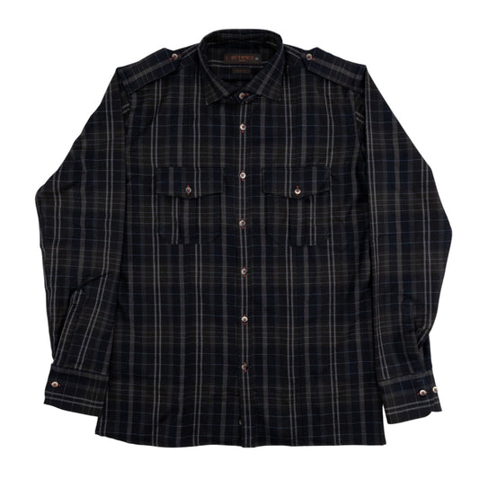 650$ ETRO MILANO Safari Shirt Striped Blue Slim Fit 100% Flannel Wool 15.5 - 39