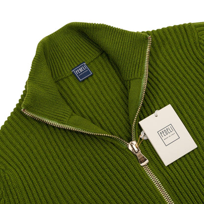 $1900 FEDELI CASHMERE Cardigan Sweater Full Zip 100% Ribbed Cashmere Pesto Green