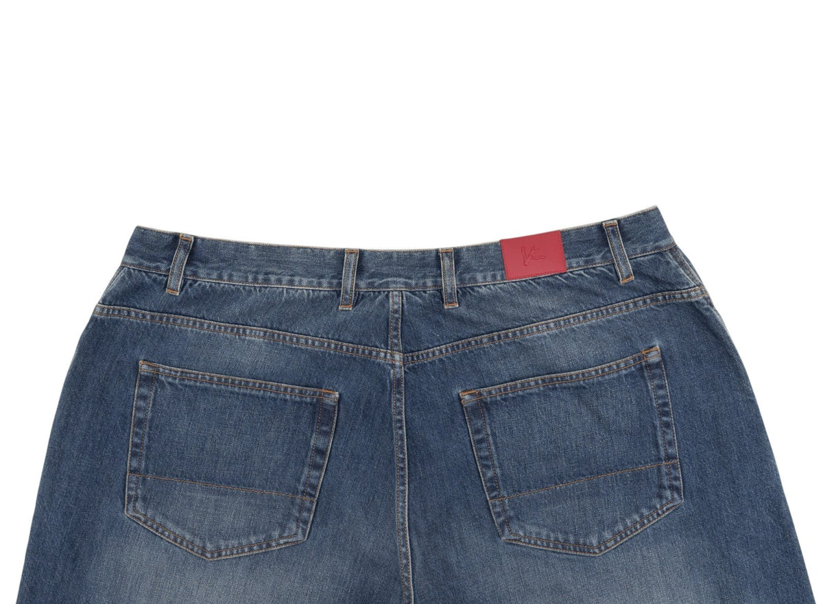 795$ ISAIA NAPOLI "Forcella" Blue Denim Jeans Pant Cotton - Leather Tag Wide Leg