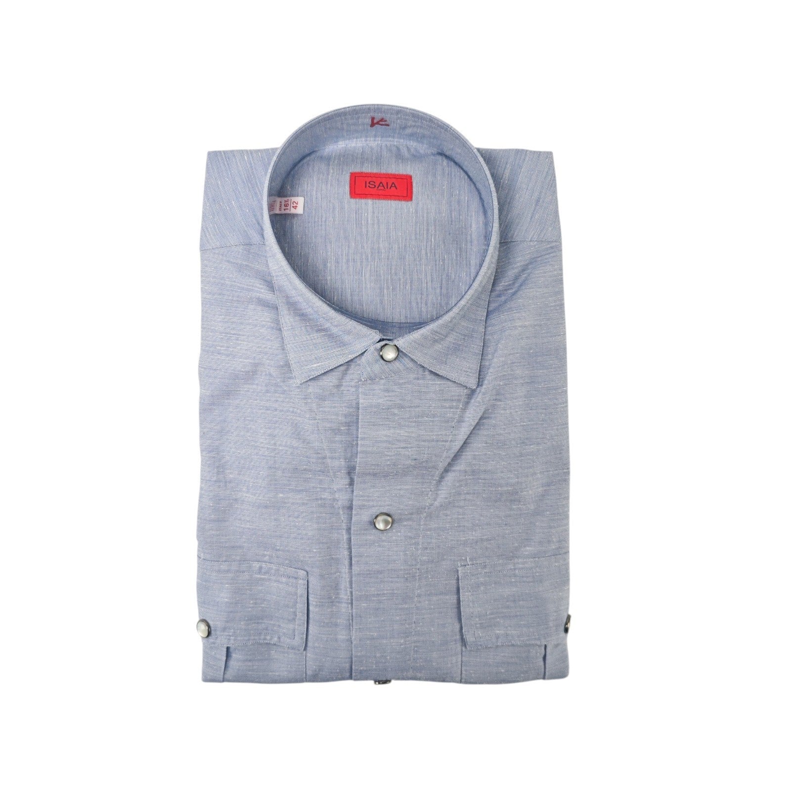 875$ ISAIA NAPOLI Blue Casual Western Shirt Pockets Hand-Sewn Cotton - Silk