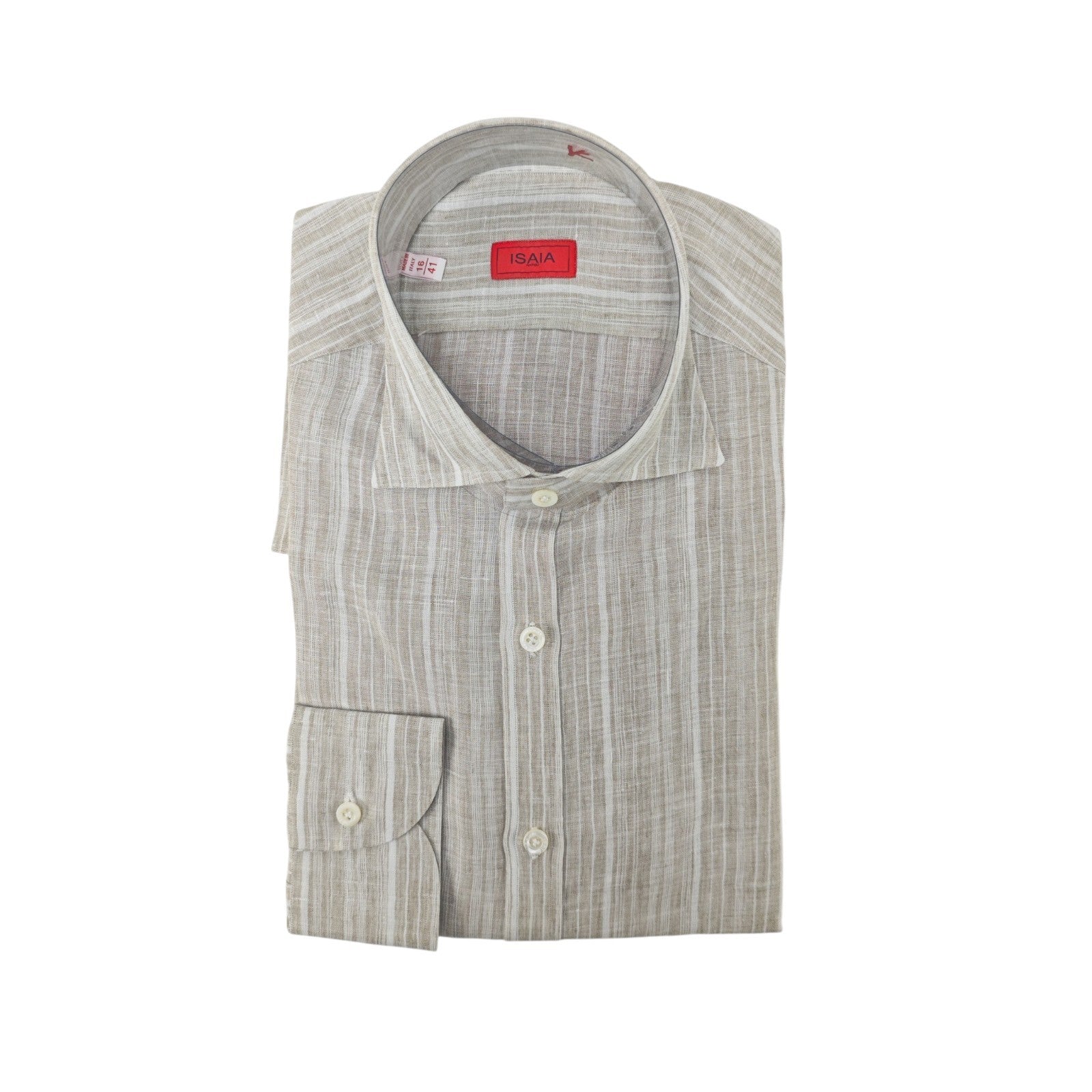 765$ ISAIA NAPOLI "Mix" Beige Dress Shirt Striped Hand-Sewn 100% Linen 16 - 41