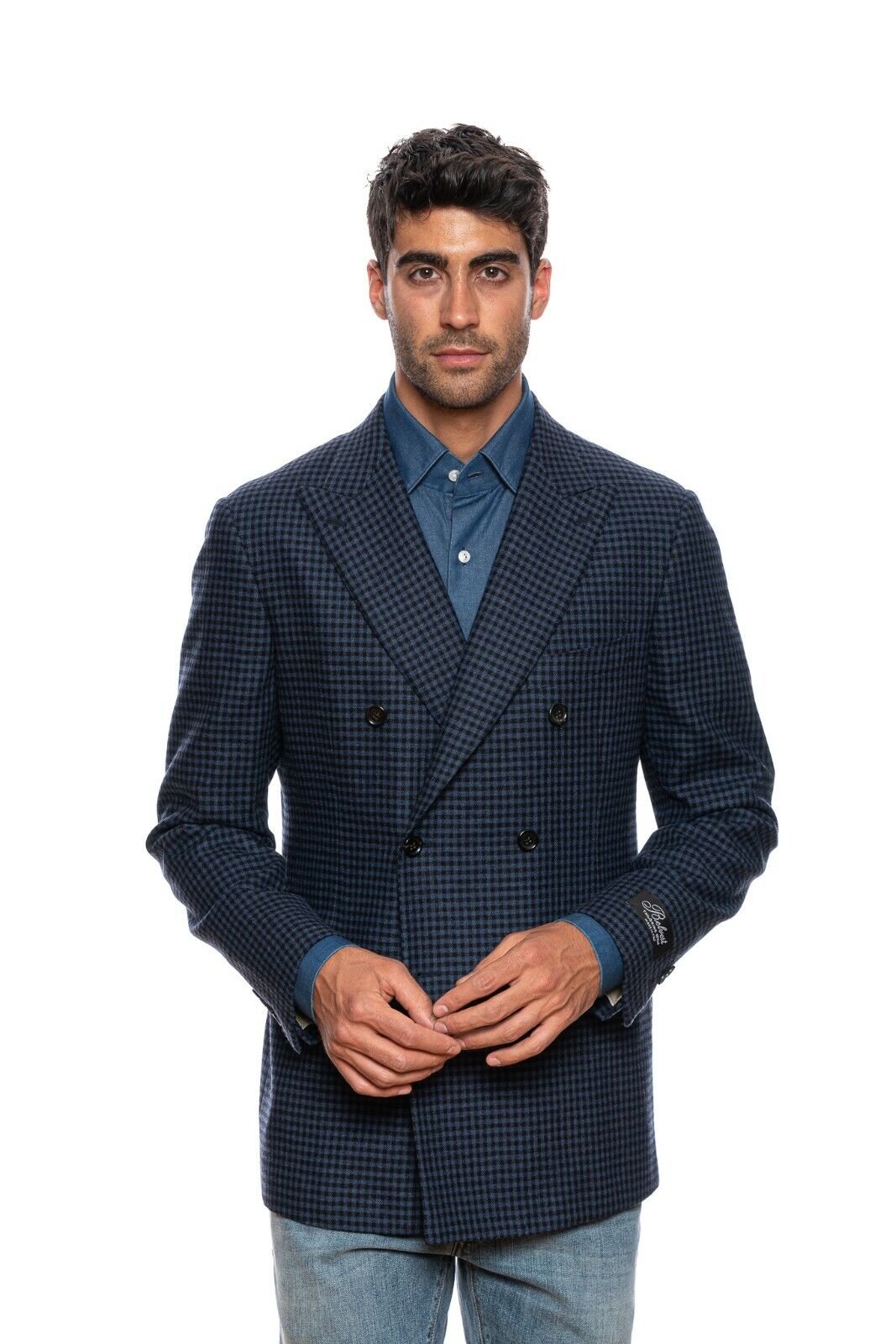 $2450 BELVEST Blue Wool Cashmere Check Jacket Double Breasted 40 US / 50 EU  7R