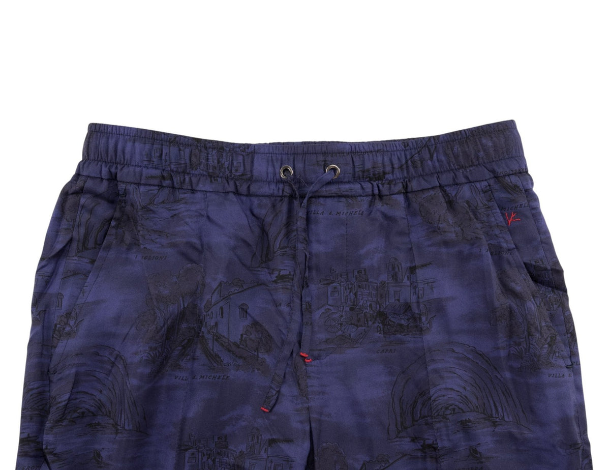 1390$ ISAIA "CAPRI" Dark Blue Drawstring Pant 100% Silk Relaxed Fit 32 US/48 EU