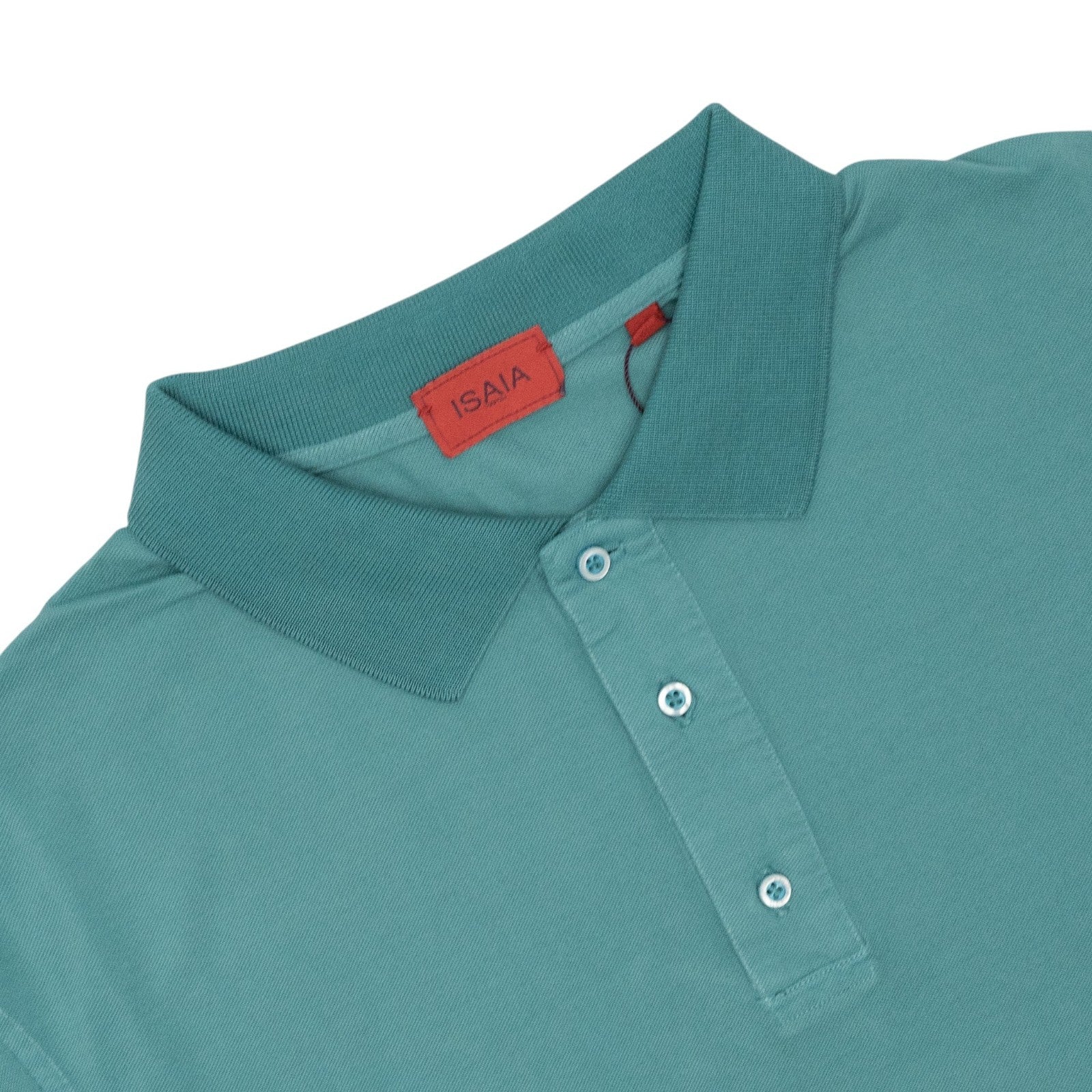 575$ ISAIA NAPOLI Garment Dyed Cotton Piquet Short Sleeve Polo Aquamarine Green