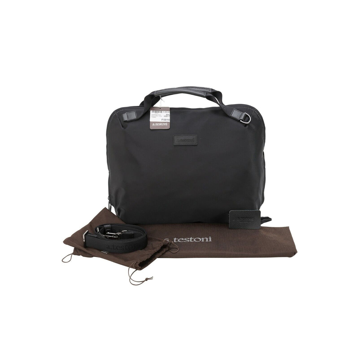 $650 Testoni Bologna Briefcase Bag Fabric + Karibu Calf Black + Shoulder Strap