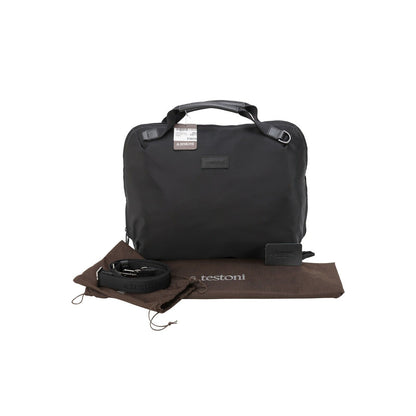 $650 Testoni Bologna Briefcase Bag Fabric + Karibu Calf Black + Shoulder Strap