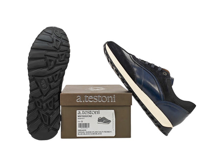 800$ TESTONI Blue Sneaker Plain Calf + Suede + Fabric  8 UK  / 9 US / 42 IT