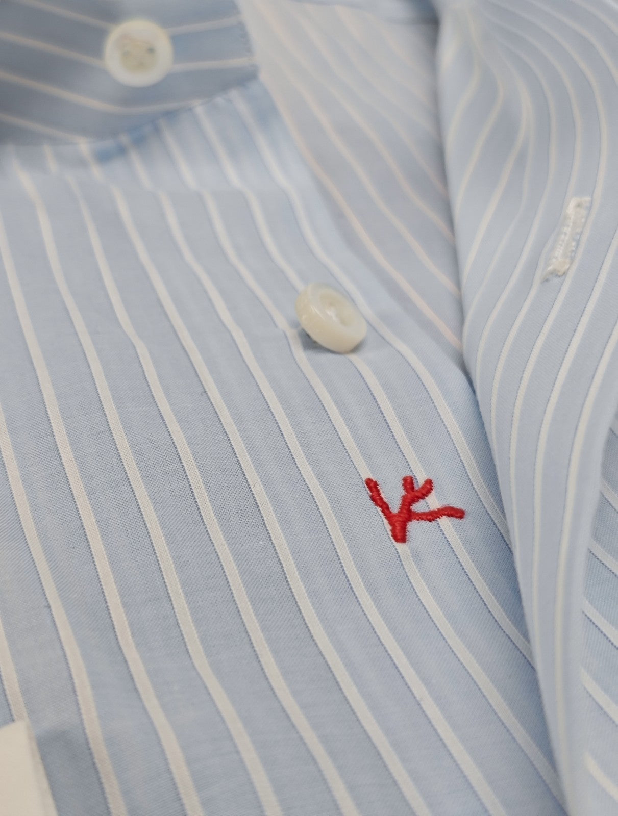 730$ ISAIA NAPOLI "Mix" Dress Shirt Contrast Blue Striped Fine Cotton 16.5 - 42