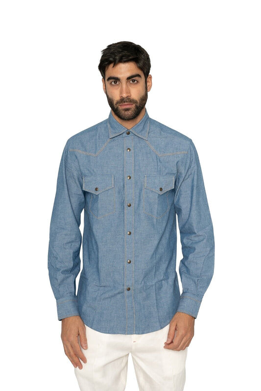 1400$ LUXURY MAROL BOLOGNA Western Shirt Blue Japanese Denim Cotton  15 - 38