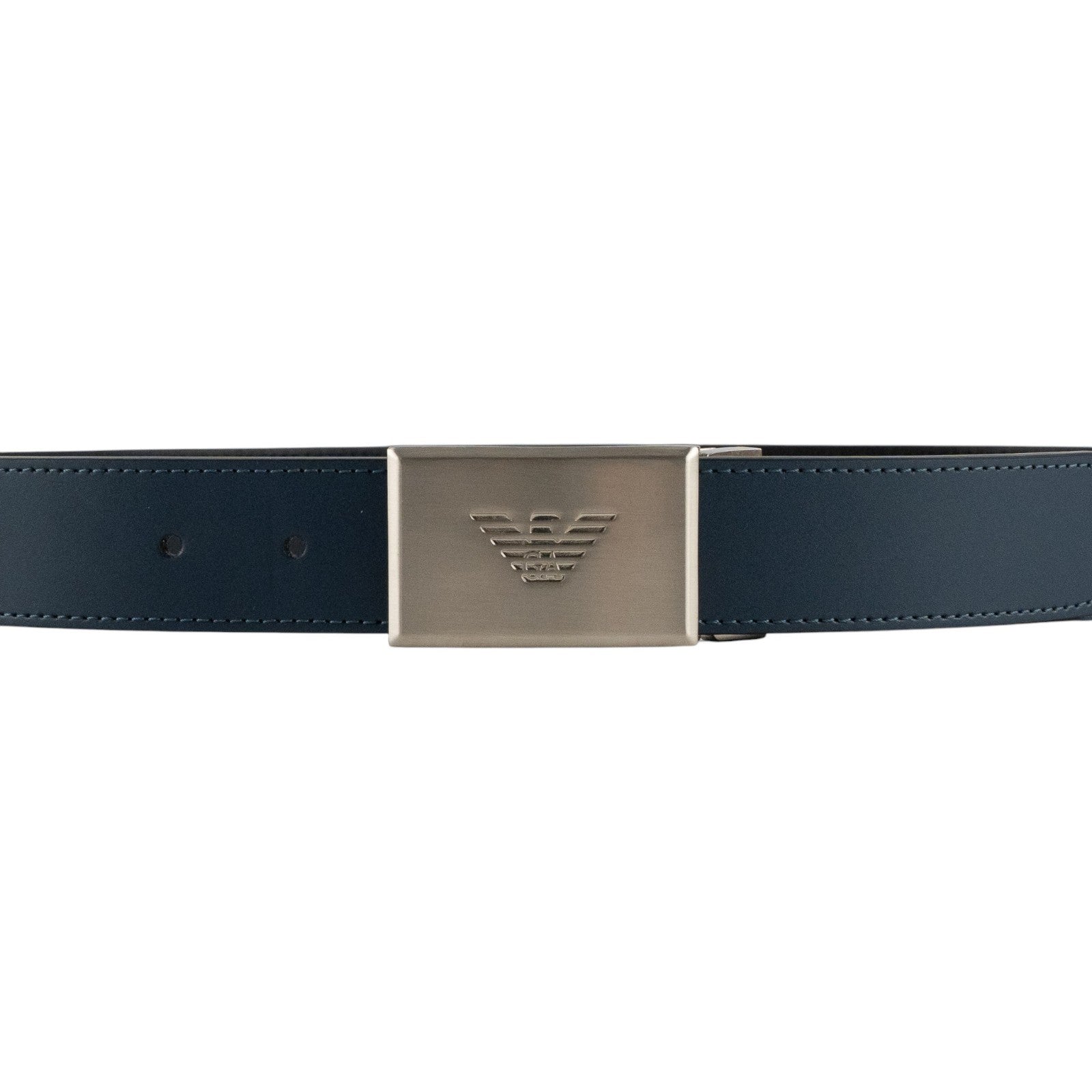 420$ GIORGIO ARMANI Belt Blue Black Leather Logo Plaque Buckle Reversible Sz 75