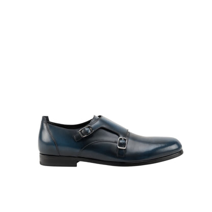 1250$ TESTONI Double Monk Shoes Grain Brushed Calf Blue Navy 8 UK / 9 US / 42 IT