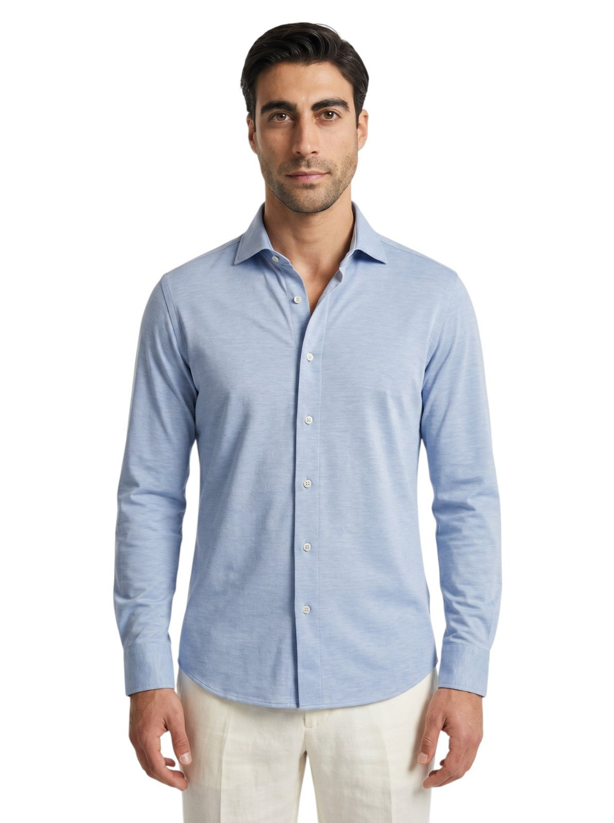 780$ ISAIA "Mix" Blue Dress Shirt Hand-Sewn Stretch Cotton Jersey 17.5 - 44