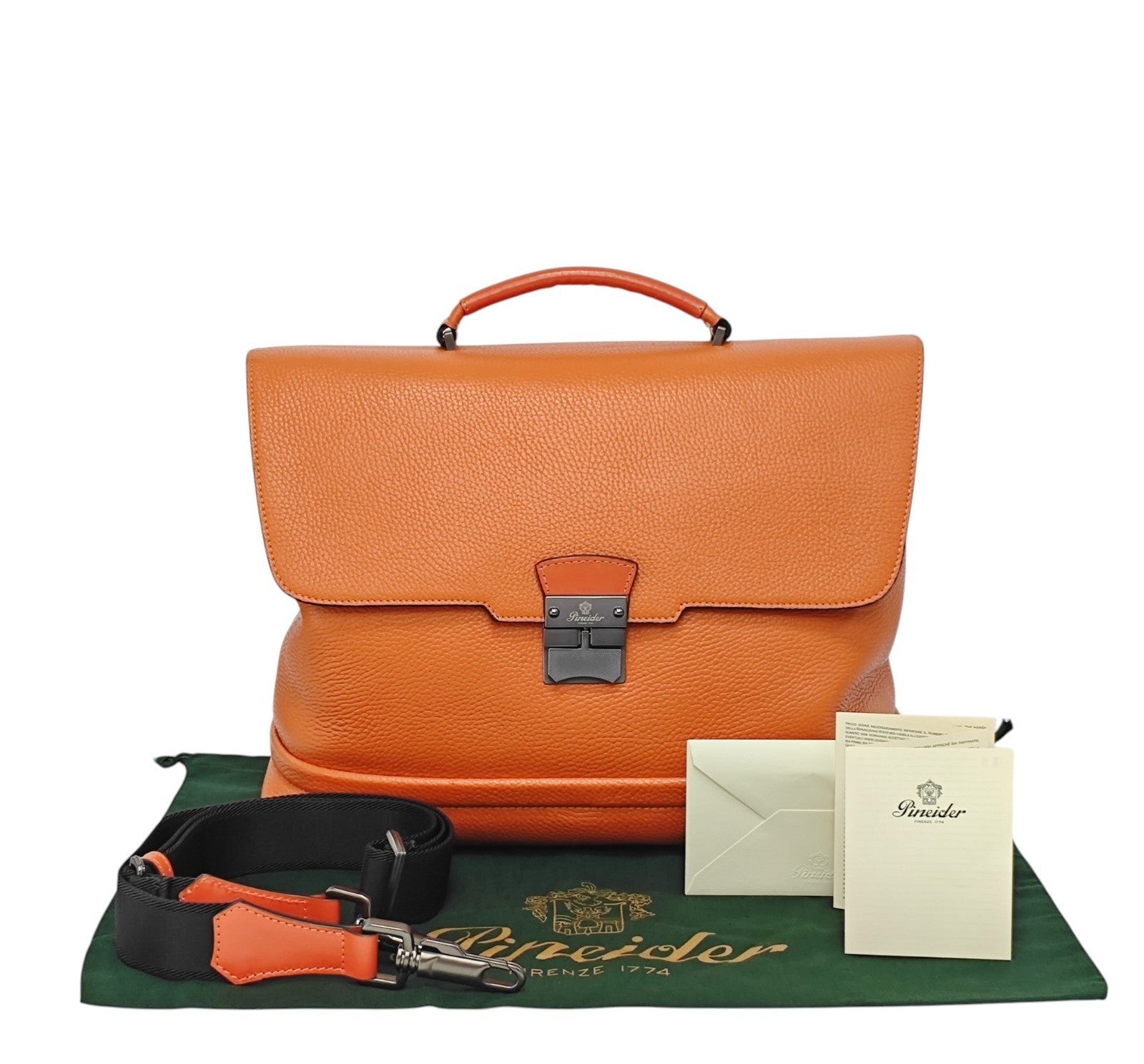 1640$ PINEIDER FIRENZE Doctor Briefcase Orange Bottolato Grain Calf Leather
