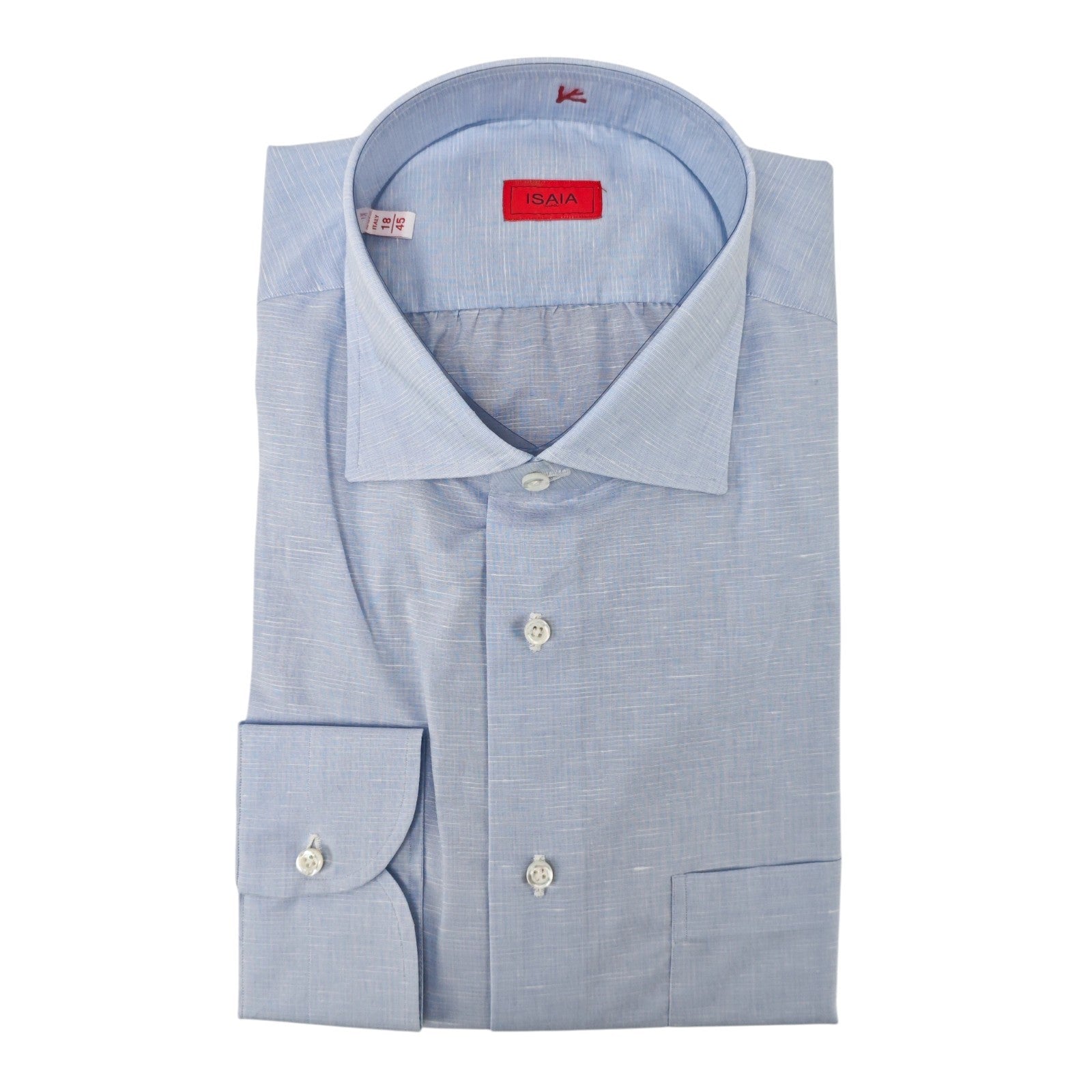 765$ ISAIA NAPOLI "Mix" Light Blue Dress Shirt Hand-Sewn Cotton Linen 18 - 45