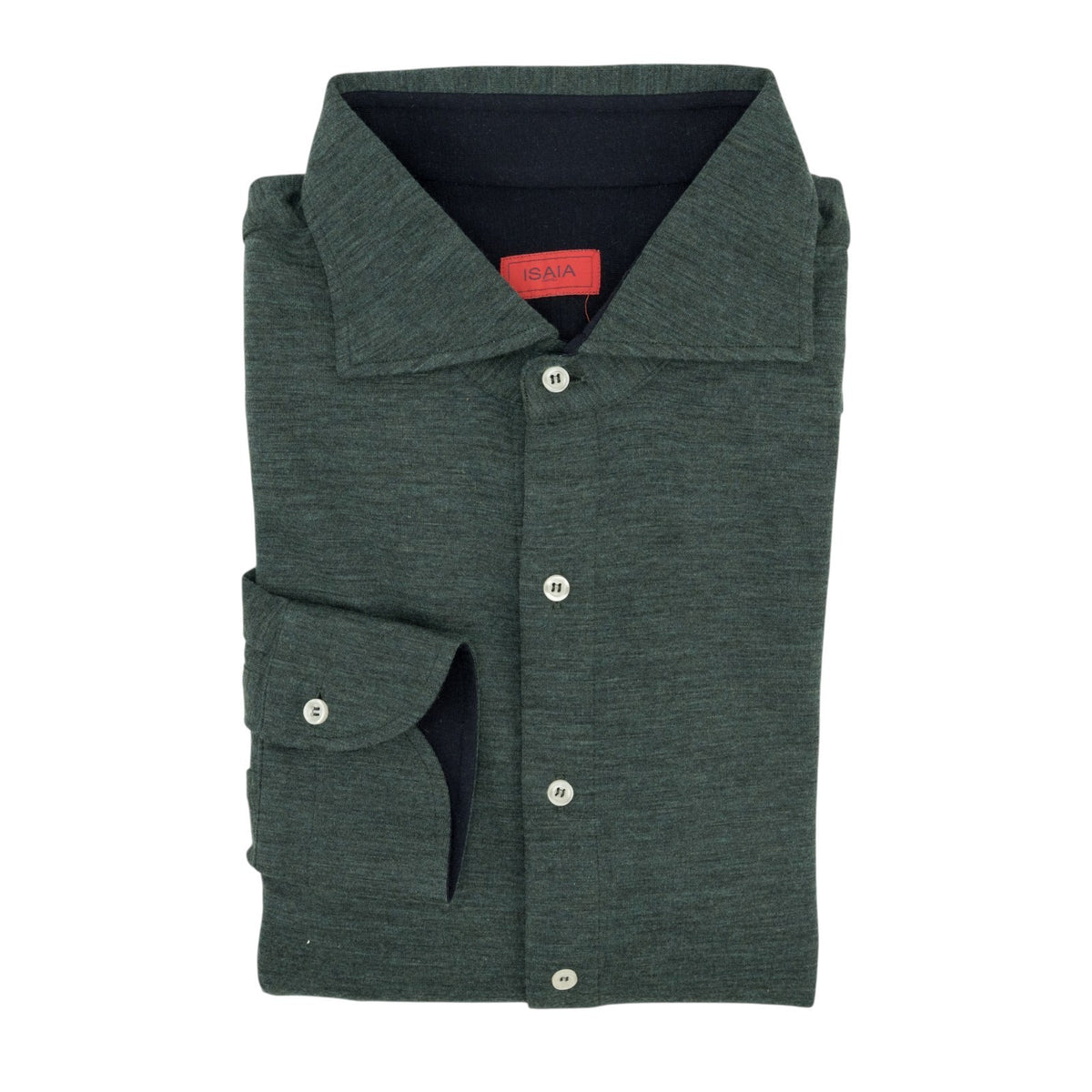 975$ ISAIA NAPOLI "Mix" Hand-Sewn Dress Shirt Green Wool Jersey 17.5 - 44