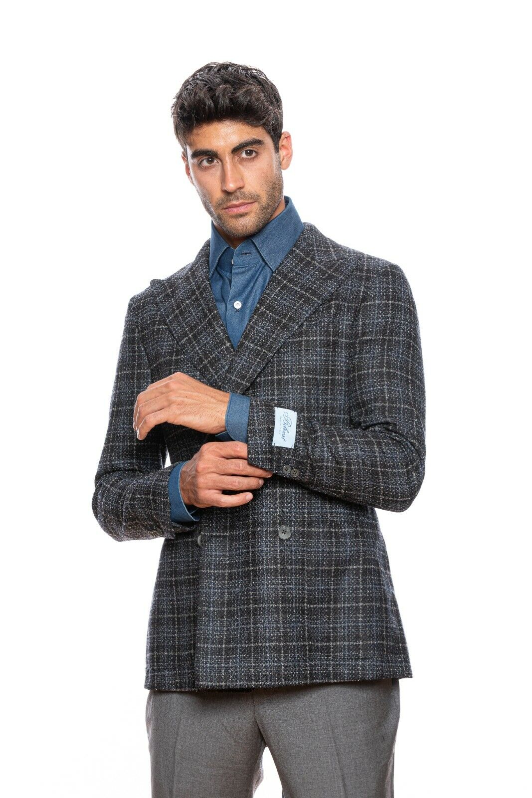 $2245 BELVEST Check Dark Blue Wool Jacket Double Breasted US 40 / 50 EU  8R Slim