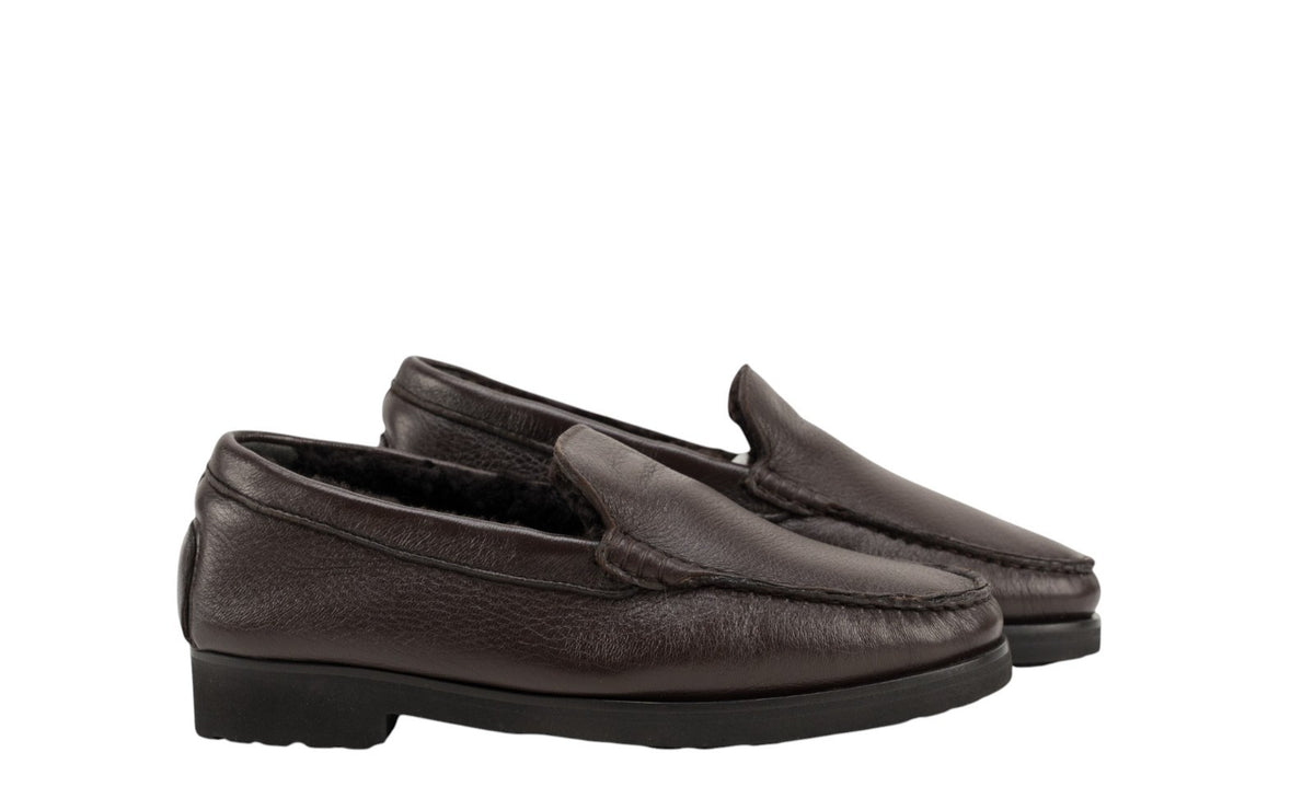 1300$ TESTONI "Gargano" Loafer Shoes Deer + Fur Lining Cigar 8 UK / 9 US / 42 IT