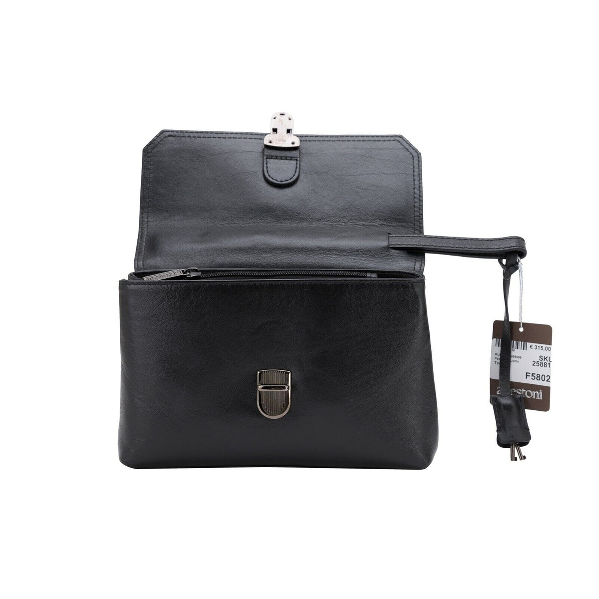 $390 Testoni Bologna Bright Black Light Calf Hand Clutch Bag Padlock with Keys