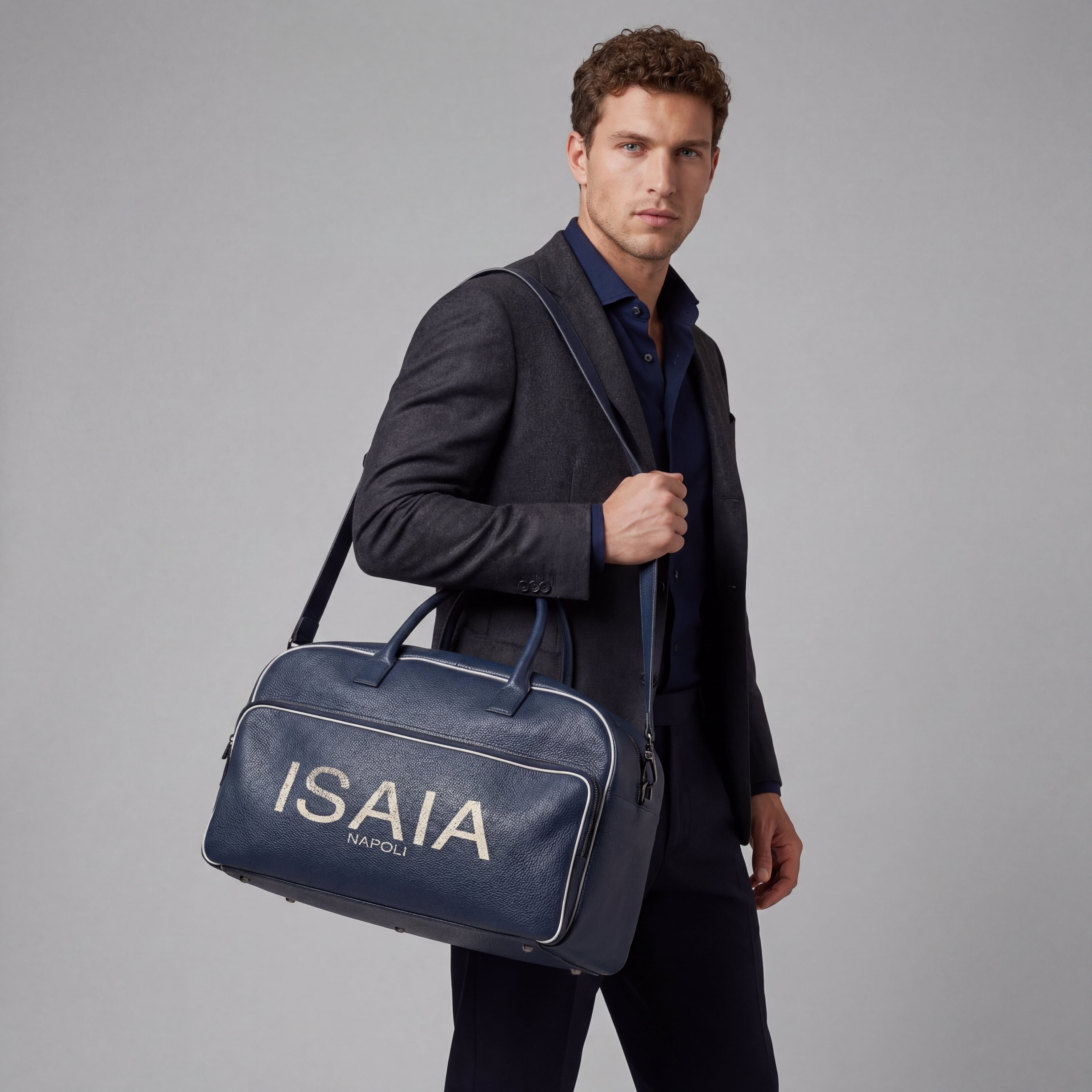 ISAIA NAPOLI "Logo" Borsa da viaggio grande in pelle blu