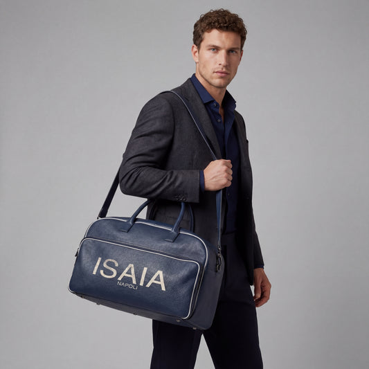 ISAIA NAPOLI "Logo" Blue Leather Large Duffle Bag Travel Weekender