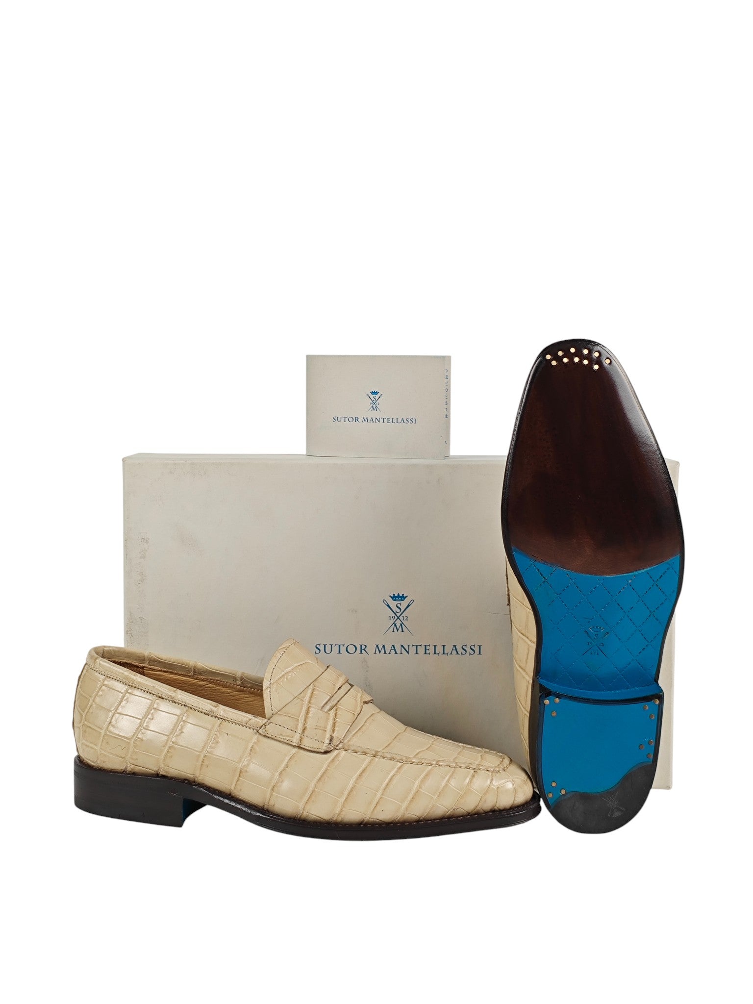 SUTOR MANTELLASSI Beige Goodyear Penny Loafer Shoes 100% Alligator