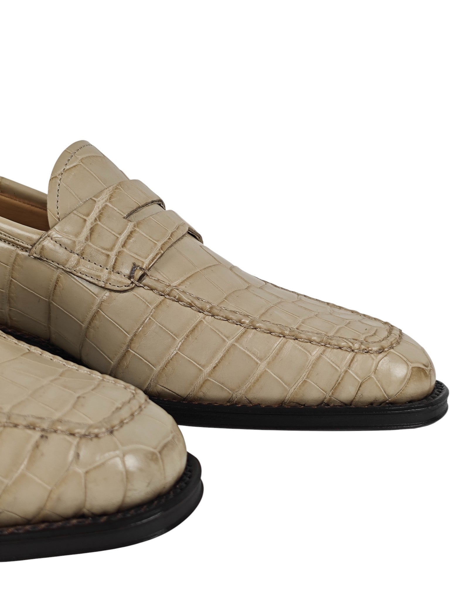 SUTOR MANTELLASSI Beige Goodyear Penny Loafer Shoes 100% Alligator