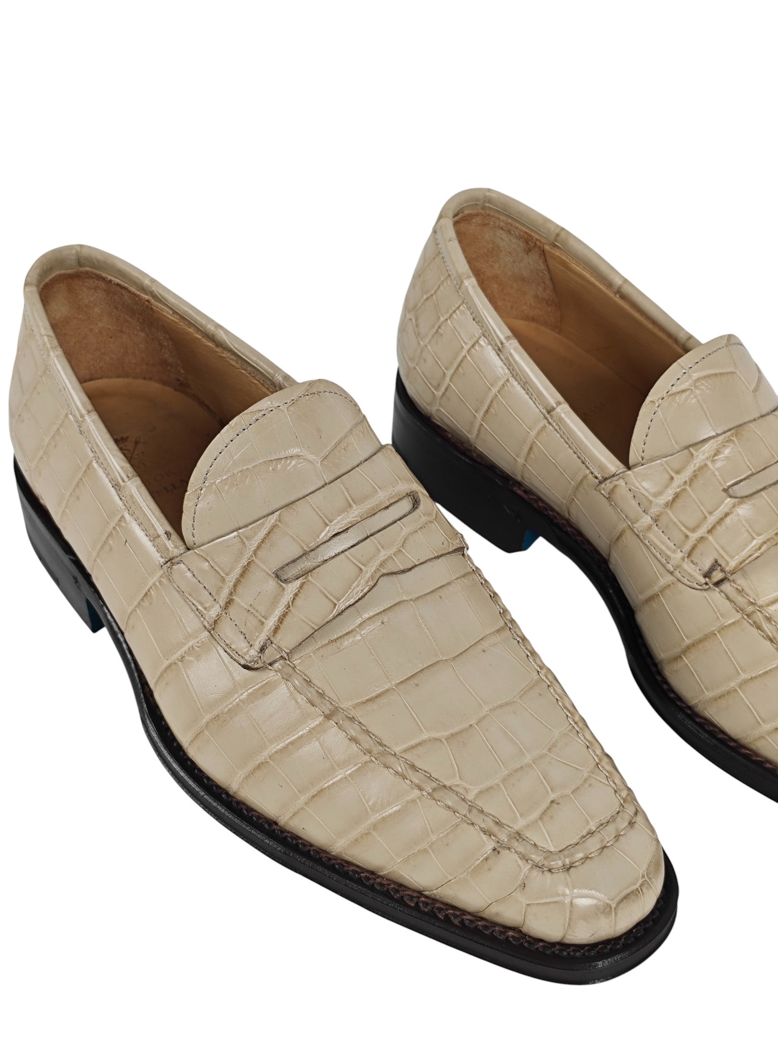 SUTOR MANTELLASSI Beige Goodyear Penny Loafer Shoes 100% Alligator