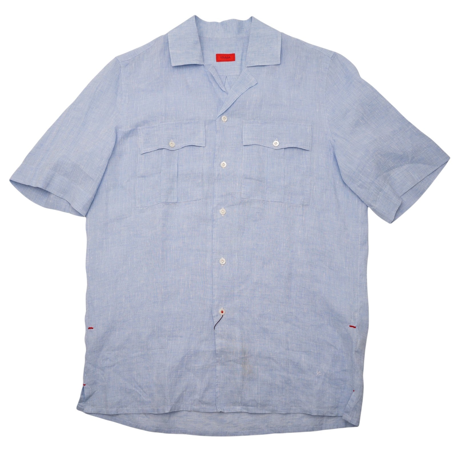 ISAIA NAPOLI  Blue Camp Collar Shirt Short Sleeve 100% Linen 15.75 - 40