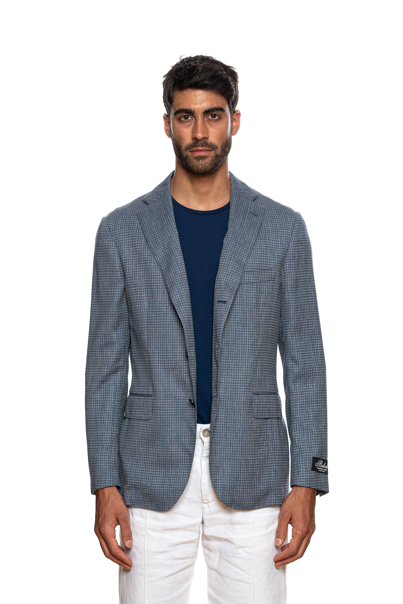 BELVEST Blue Houndstooth Wool Linen Jacket Blazer Drop 7 R - Luxgentleman