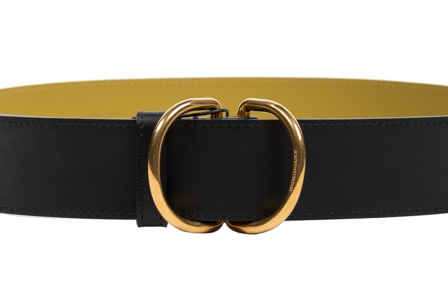$590 BURBERRY Double D-Ring 40 Leather Belt Made in Italy Black / Lemon ...