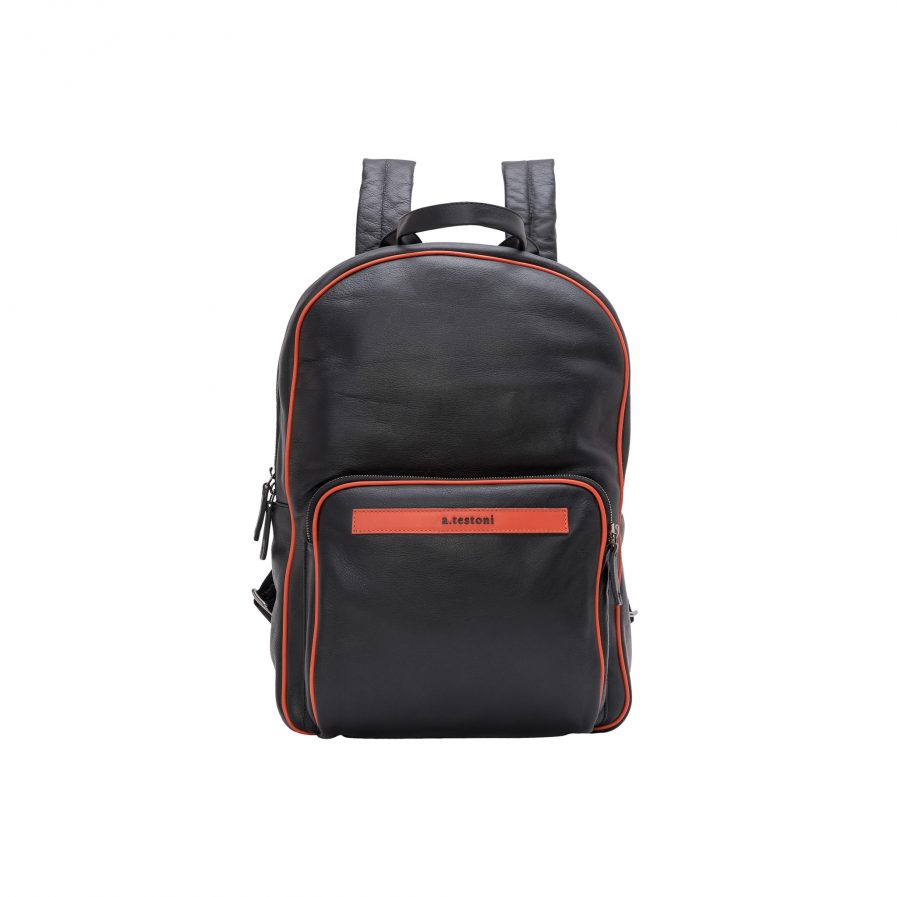 $720 a.Testoni Bologna Luxury Backpack Nappa Calf Black + Orange ...