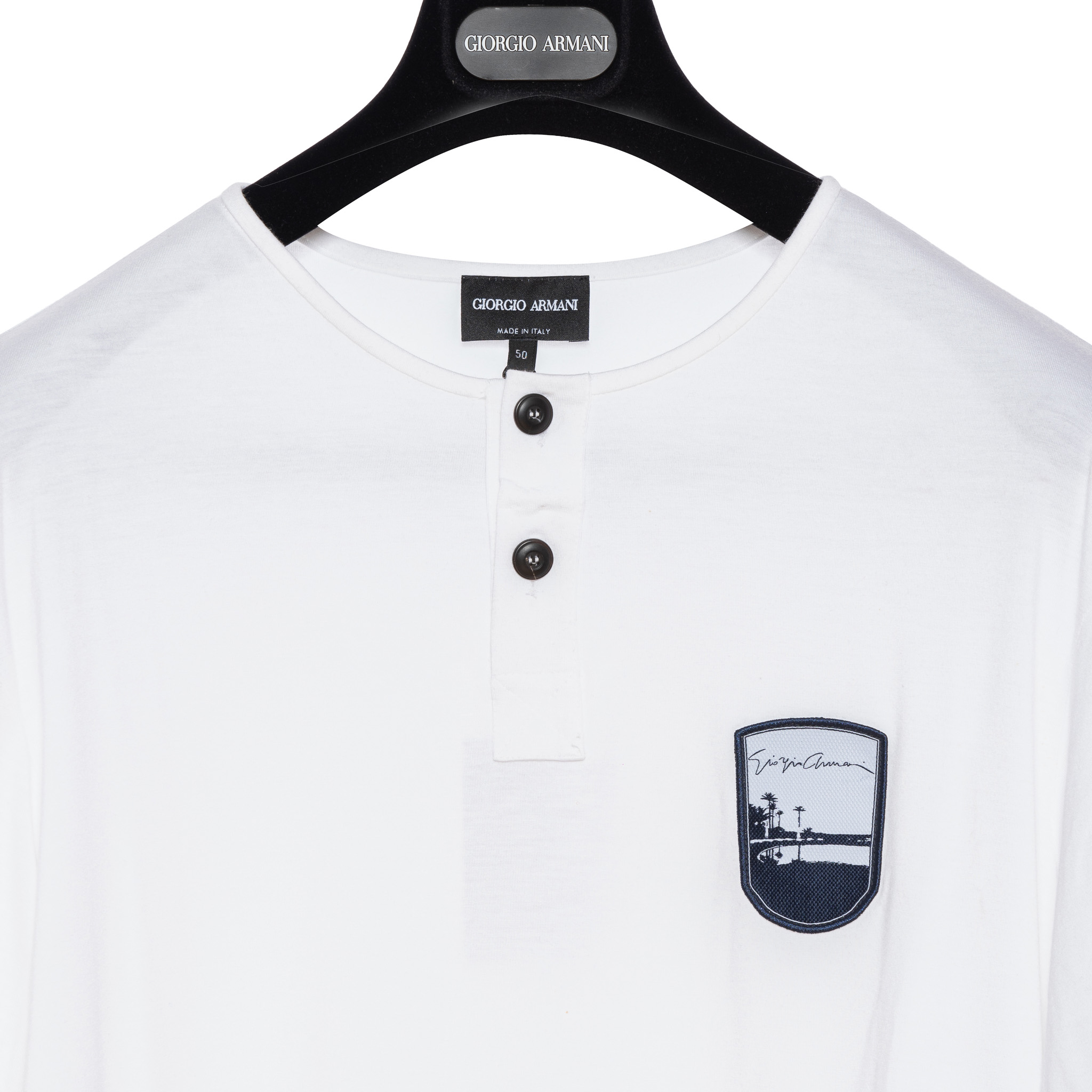 490$ GIORGIO ARMANI T-shirt Polo Henley White Brand Logo on Chest 40 US /  50 EU - Luxgentleman
