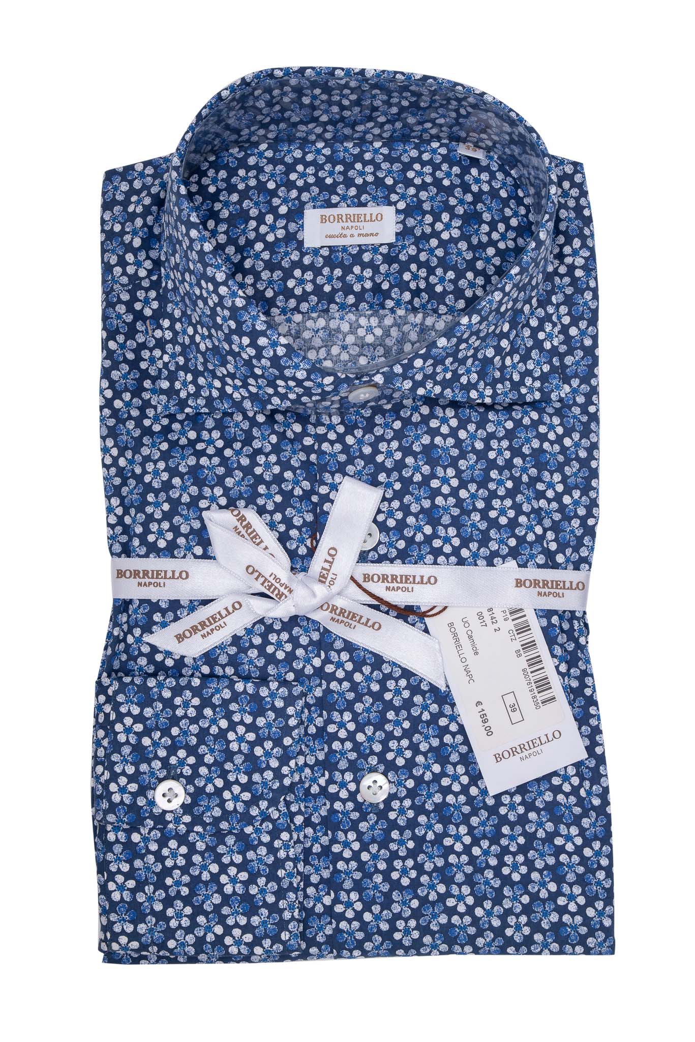 BORRIELLO NAPOLI Blue Cotton Shirt Floral Hand-Sewn in Italy Slim Fit 15  1/2 39