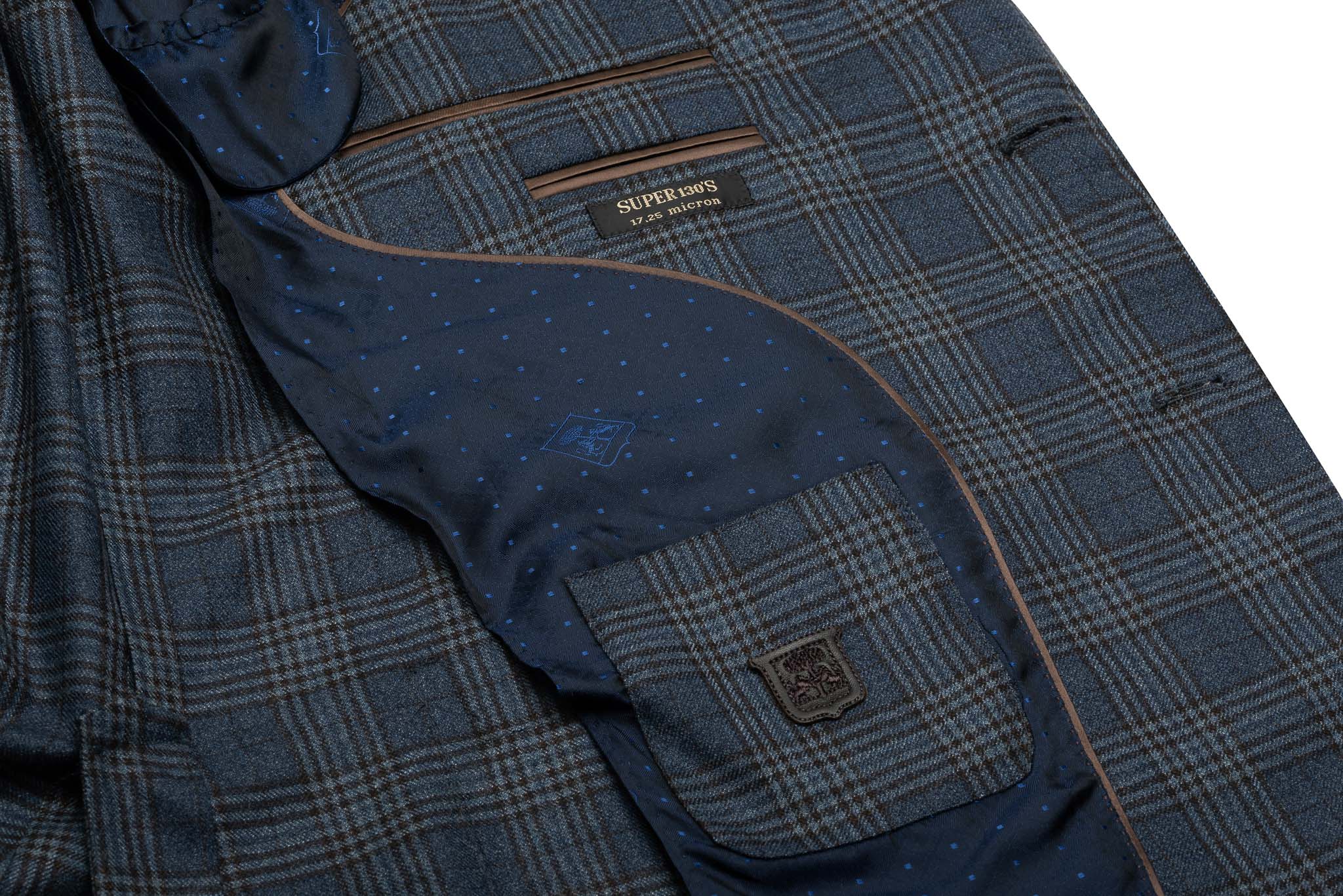 1250$ CORNELIANI Jacket Blue Prince of Wales Wool 130's + Leather 40 US ...